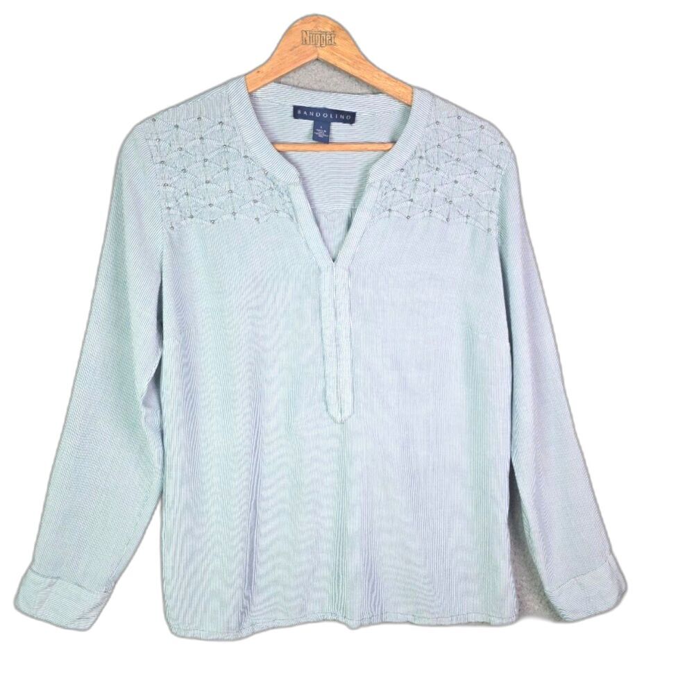 Bandolino Womens Blouse Blue White Pinstripe L Studded Roll Tab Viscose